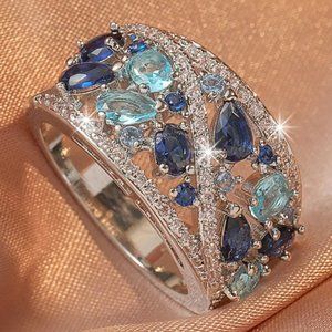 🆕 Vintage Look Silver and Blue Stone Mosaic Cocktail Ring - Size 6 - NEW